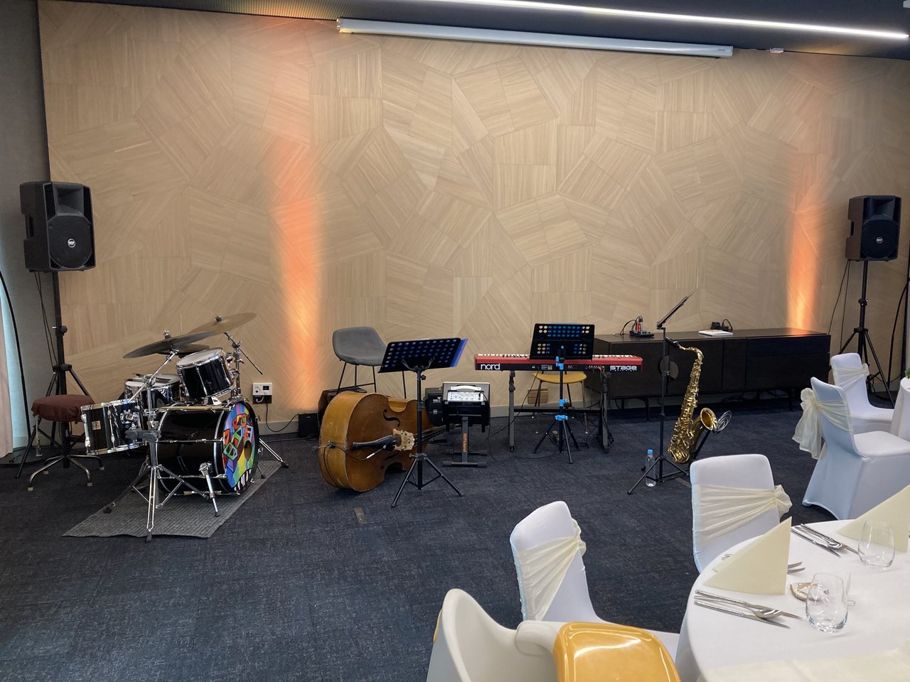 The Jazz in the Shade quartet's stage, set up before a wedding in Debrecen